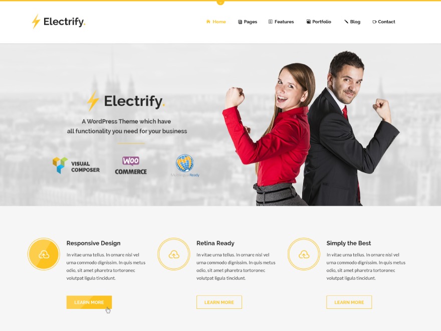 Electrify company WordPress theme by Pixel8es