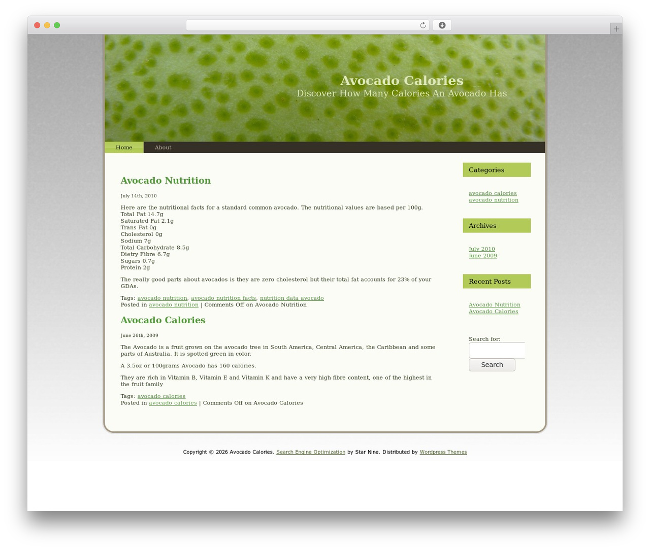 Fruittexture WordPress website theme - avocadocalories.com