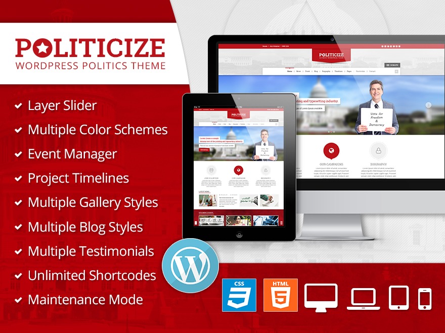 WordPress theme Politicize WordPress Theme (shared on wplocker.com) by CrunchPress Team