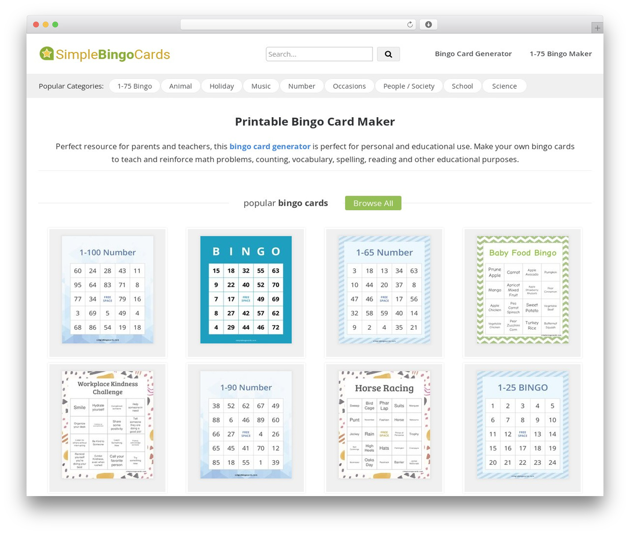 WP theme SimpleBingoCards - simplebingocards.com