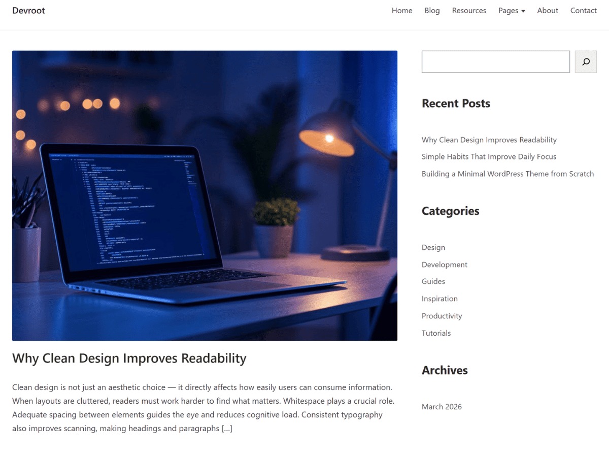WordPress theme Devroot by Umbradev