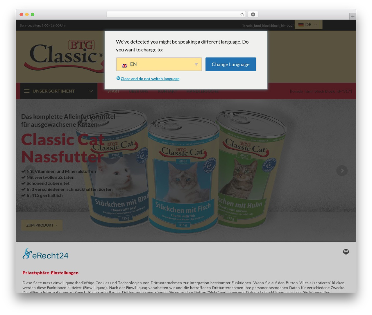 WordPress theme Lorada - classic-heimtiernahrung.de